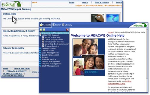 Screen shot of MiSACWIS Home Page and online help