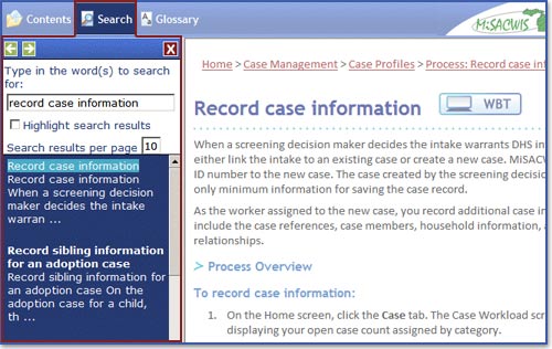 Screen shot of online help - Search tab and search area highlighted